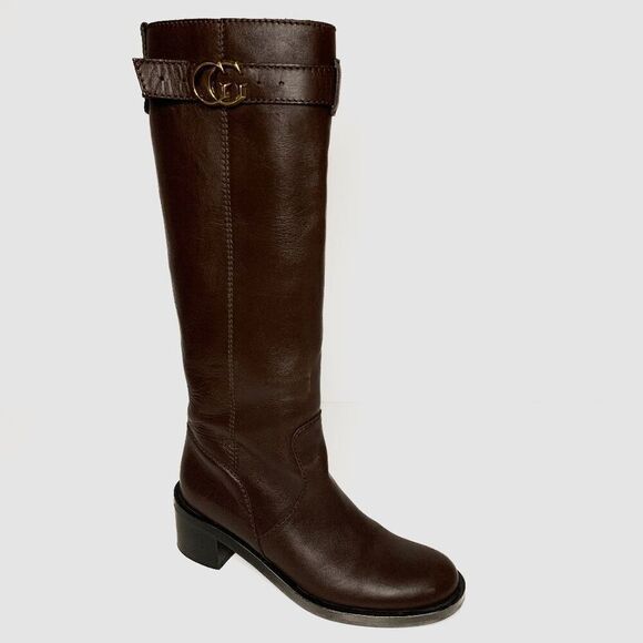 Gucci Interlocking GG Logo Tall Leather Boots EU 37 US 7 Dark Brown Knee High - Picture 1 of 12